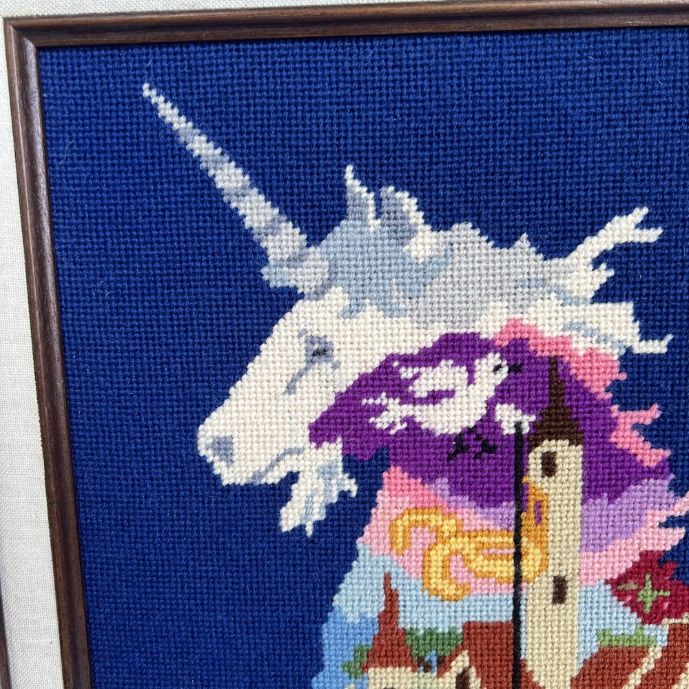 VTG 1970s Unicorn Fantasy Needlepoint Framed Art 18x20 Handmade Wall Decor EUC - Picture 3 of 12